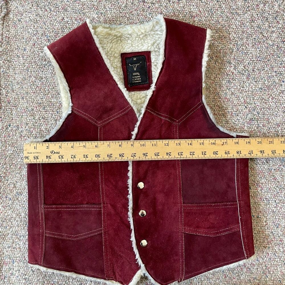 Vintage Western Suede Leather Vest Sherpa-Lined Red Leather - Picture 3 of 8